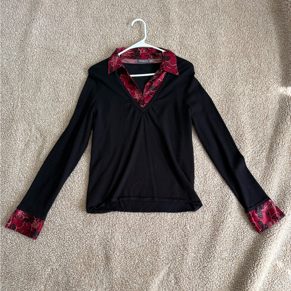 Apt. 9 Black Long-Sleeve Top with Red Printed Collar & Cuffs